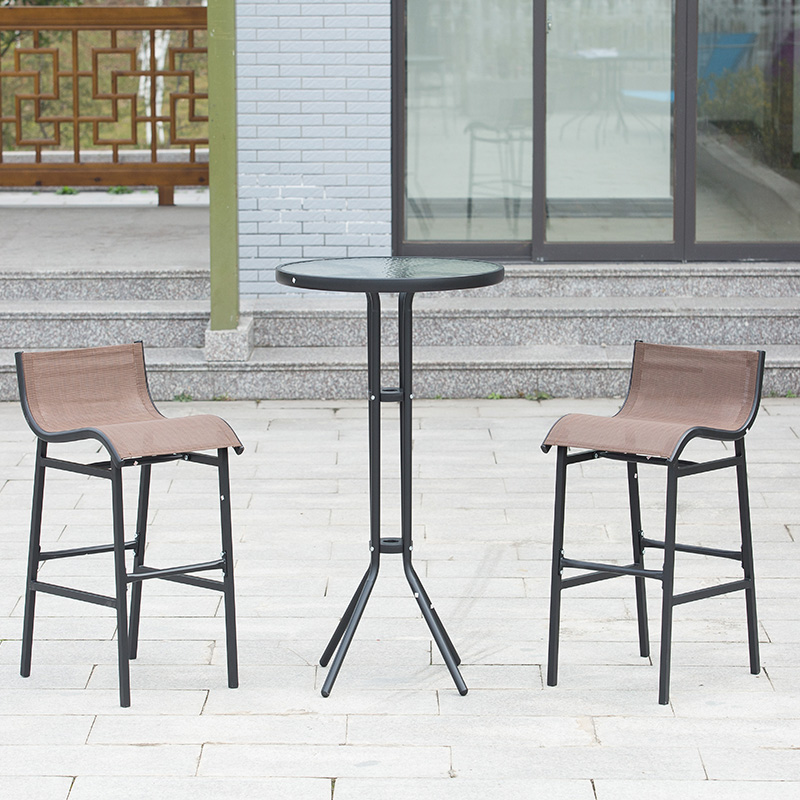 3-Piece Patio Table And Chairs 1 Iron Glass Coffee Table 2 Textilene Fabric Bar Chairs