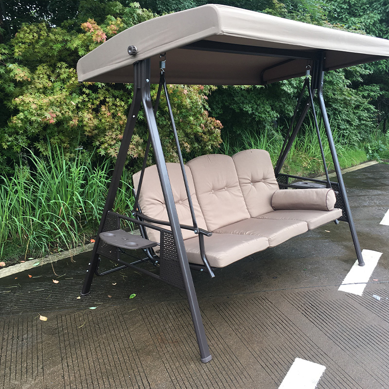 Iron Slatted Seat With Folding Table And Cushion 3 Seat Porch Swing