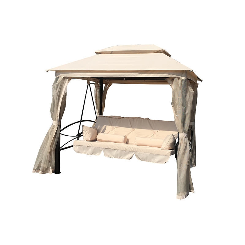 Iron Slatted Seating With Sheer Curtains Outdoor Gazebo Iron Recliner Bed