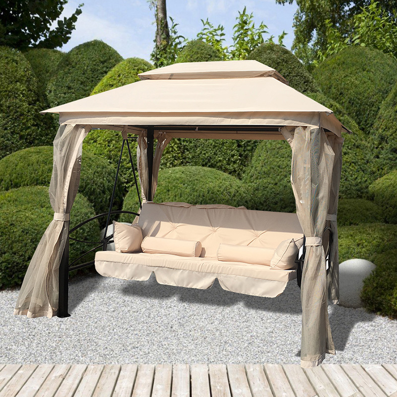 Iron Slatted Seating With Sheer Curtains Outdoor Gazebo Iron Recliner Bed